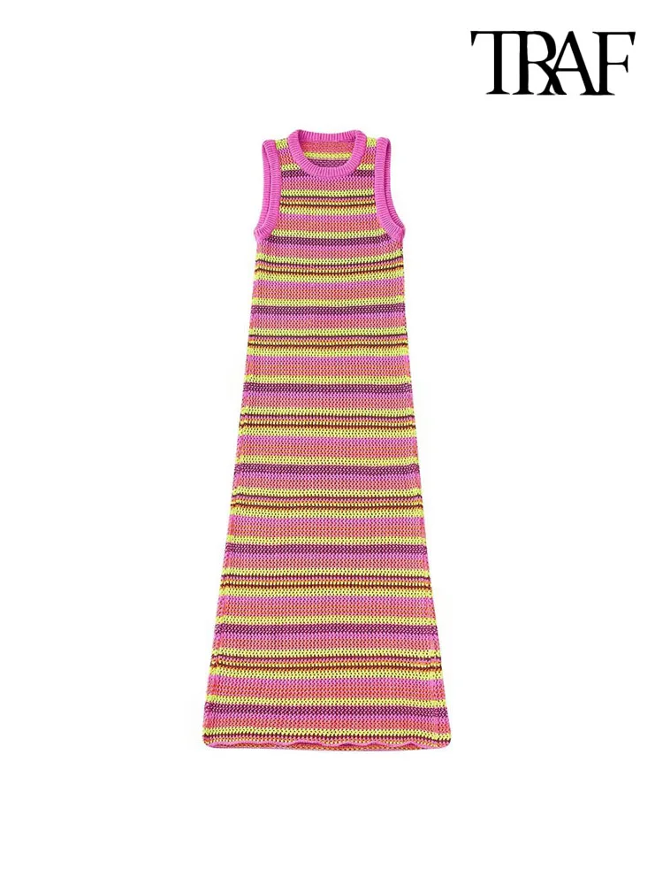 

TRAF Women Fashion Striped Fitted Knit Midi Dress Vintage O Neck Sleeveless Female Dresses Vestidos Mujer