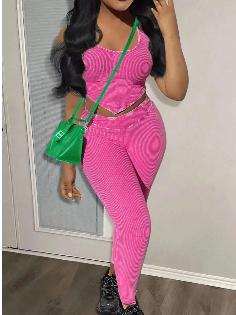 

LW BASICS Plain Pink Two Pieces Pants Suits Rib Knit Rose Red 2pcs Matching Outfits Sleeveless Pullover Vest Top&Skinny Leggings