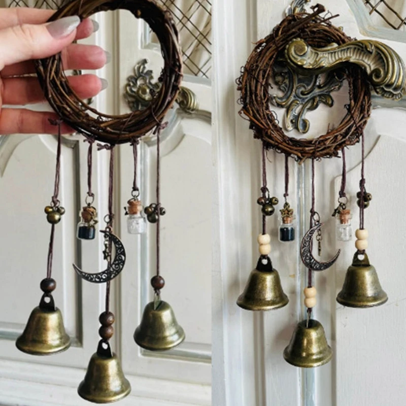 

Ведьмайские колокольчики, волшебные ветряные колокольчики ручной работы, подвесные двери для дома и сада, ведьмайские колокольчики, венок, волшебная защита дома, Декор, подарок для рукоделия