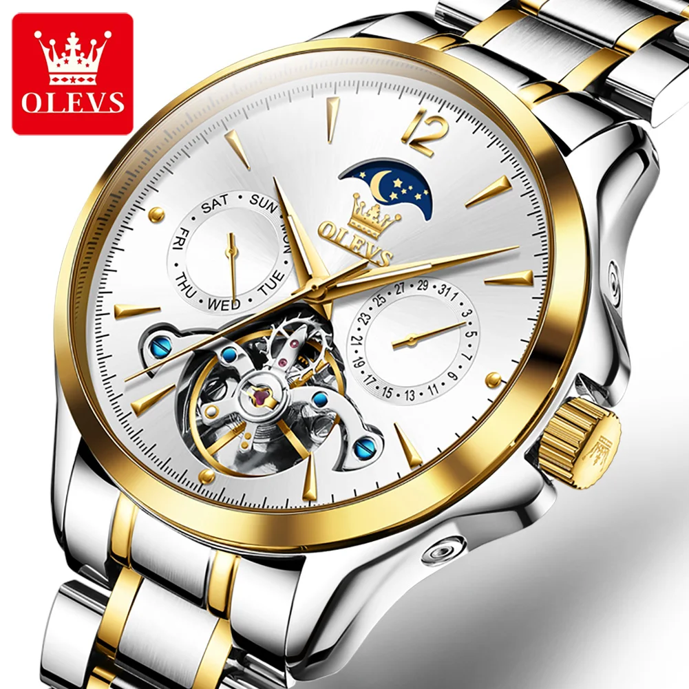 OLEVS Moon Phase Watch for Men Automatic Mechanical Wristwatches Luxury Skeleton Tourbillon Waterproof Watches Male Moonswatch