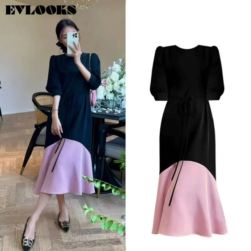 

EVLOOKS Women Black Pink Patchwork Big Size Formal Dress Elegant New O-Neck Half Puff Sleeve Loose Fashion Spring Summer 2023
