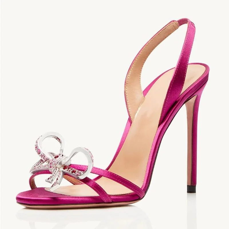 

New Summer Crystal Knot Women Sandals Fuchsia Satin Open Toe High Heels Celebrating Shoes Cutouts Slingback Runway Shoes