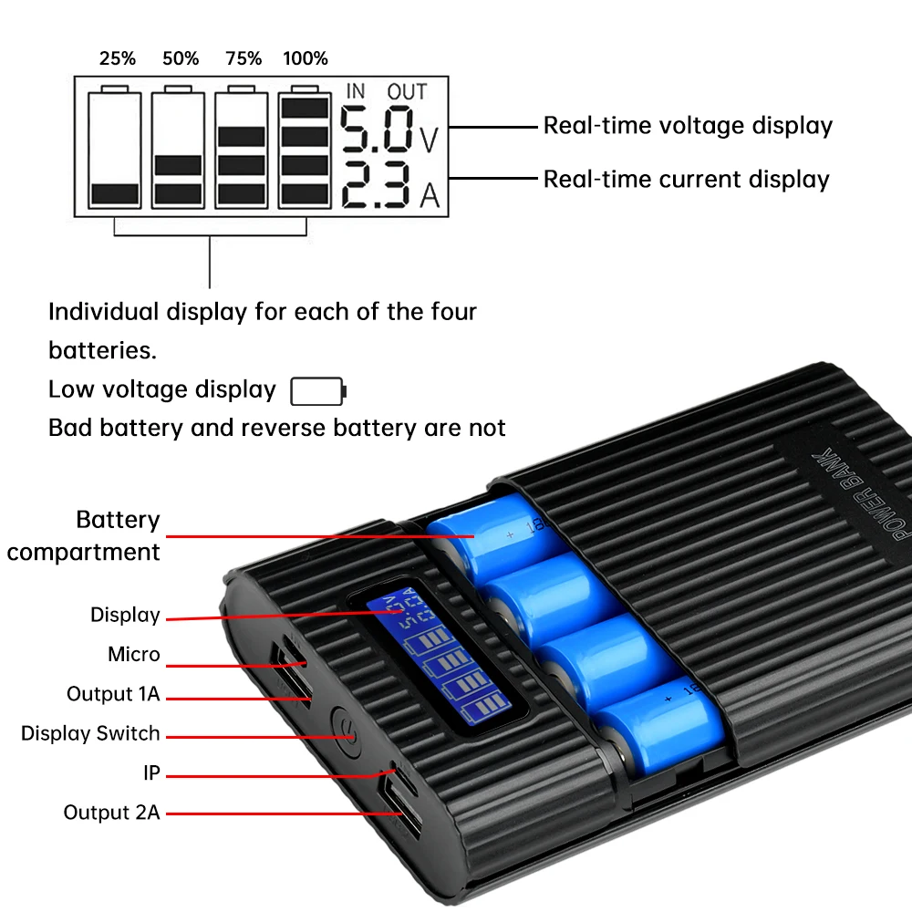 Фото 18650 Держатель батареи Power Bank Чехол 18650*4 5 В Dual USB Цифровой дисплей Зарядка DIY Корпус для мобильного телефона Коробка для хранения батарей №5