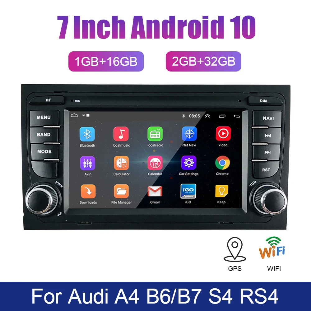 Radio Multimedia con GPS para coche, reproductor MP5 con pantalla táctil, Android 10, 7 pulgadas, 2 Din, manos libres, Bluetooth, WiFi, para Audi A4, B6/B7, S4, RS4