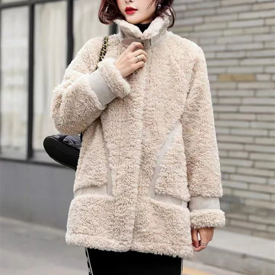 Winter Grain Fleece Faux Lambwool Coat Women Warm Thick Plush Overcoat Mid-length Outwear Top Motorcycle Jackets Casaco Teddy