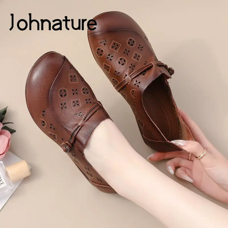 

Женские дышащие босоножки Johnature, из натуральной кожи, с круглым носком, на плоской подошве, удобная обувь в литературном стиле для лета, 2022