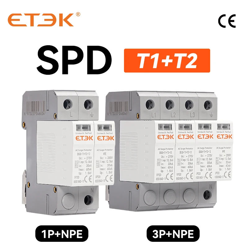 

ETEK SPD Type T1+T2 House Lightning Surge Protective Device Protector Arrester Protection 2P 4P 1P+NPE 3P+NPE EKU5