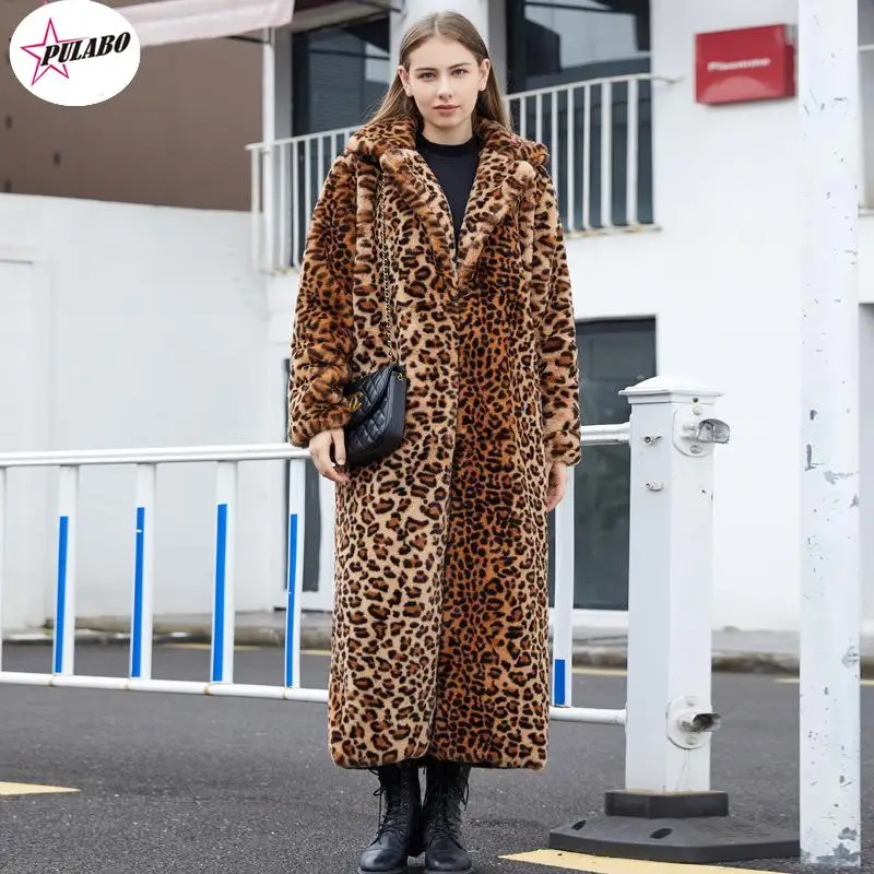 

PULABO Collar Furry Leopard Print Imitation Mink Fur Coat Autumn Winter Clothing Women Trench Overcoat Thickened Faux Fur Coat