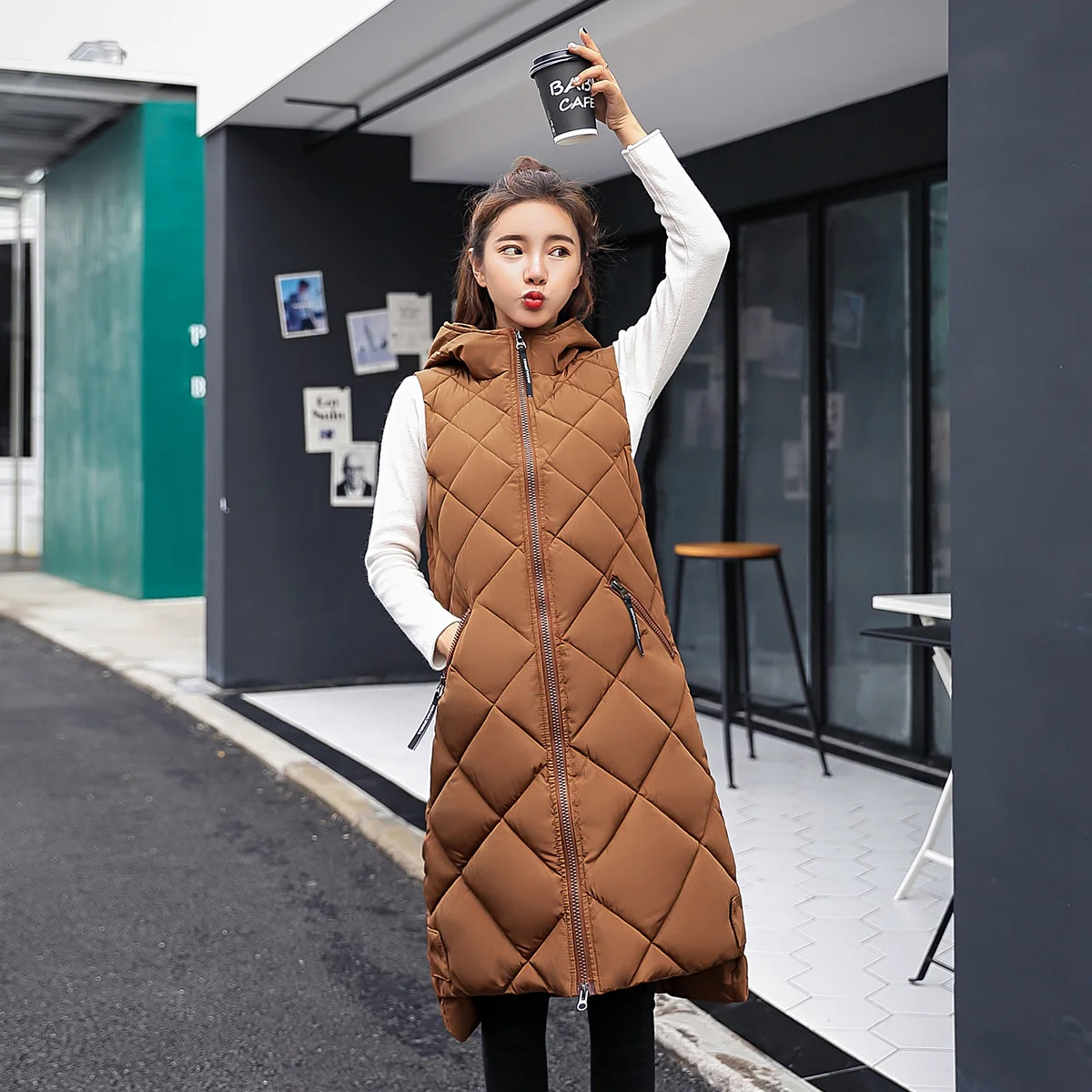 New Women's Cotton Hooded Vest Jacket Autumn Winter Versatile Sleeveless Parkas Korean Knee Length Thickened Waistcoat Snow Wear