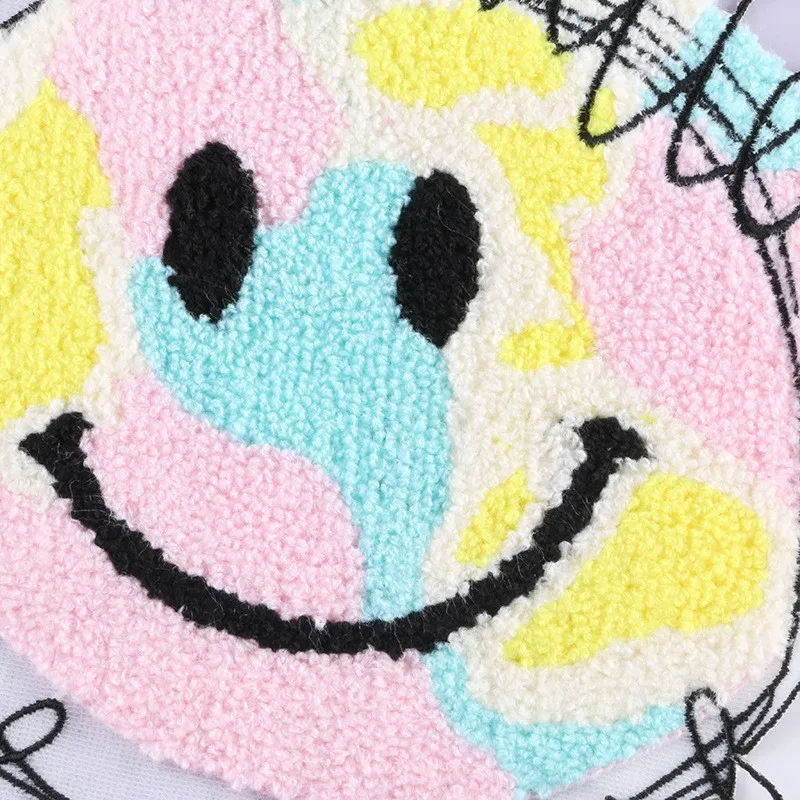 Colored Tufting Patches Round Smile Face Badges Sew on Smiley Embroidered Appliques for Sweatshirts Hoodies DIY +Free Sewing Kit