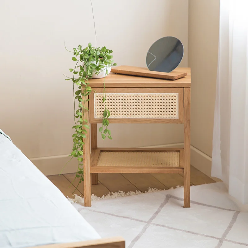 

Japanese style solid wood bedside table, rattan woven small coffee table, living room, bedroom, log drawer corner, bedside table