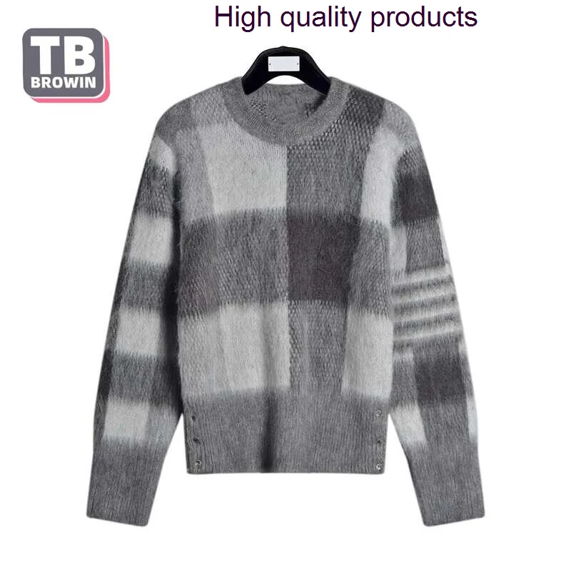 

BROWIN TB Thom men's knitted sweater autumn winter round collar fashion brand leisure wool striped 4-bar plaid mohair pullover