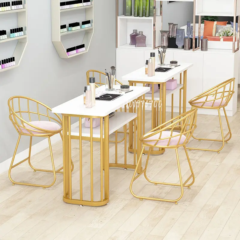 

Nordic fashion simple and generous imitation marble pattern nail table chair set wrought iron single double triple nail table