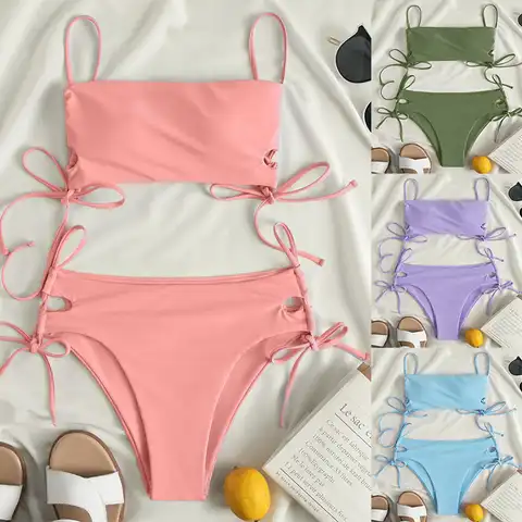 Women Sexy Bikini Set Swimsuit 2023 High Waist Triangle Thong Bikini Solid Color Female Swimwear Women Bathing Suit