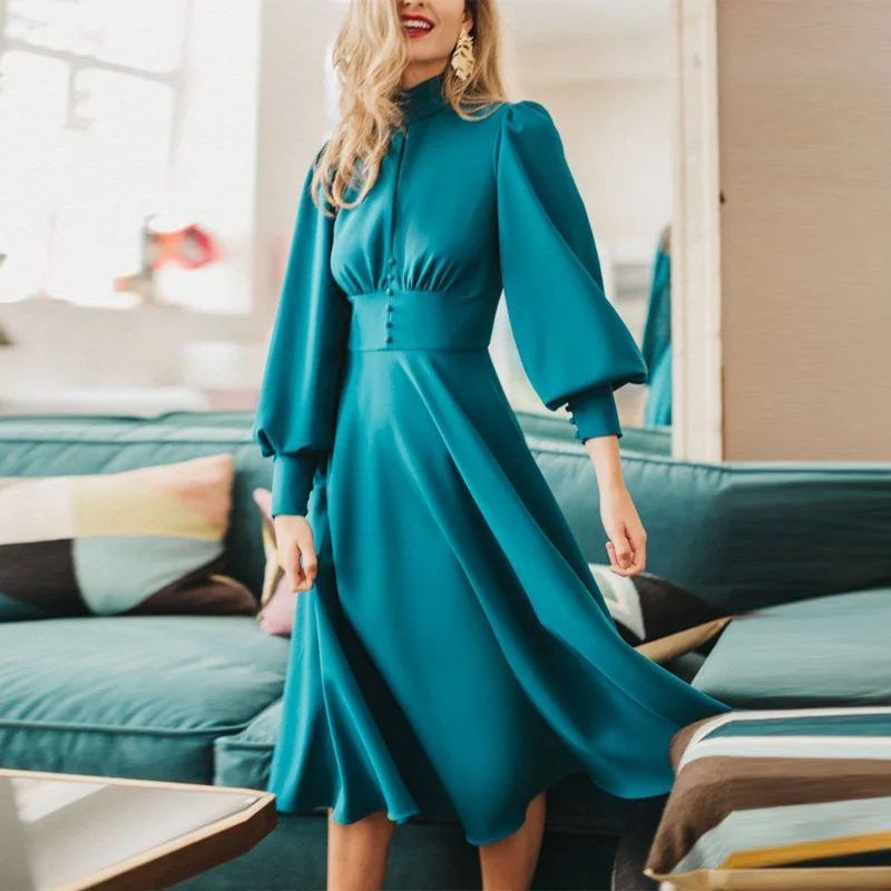 

Elegant Sexy Dress Women Lantern Long Sleeve High Quality Silk Runway Luxury Office Ladies Vintage Retro A-line Dresses Female
