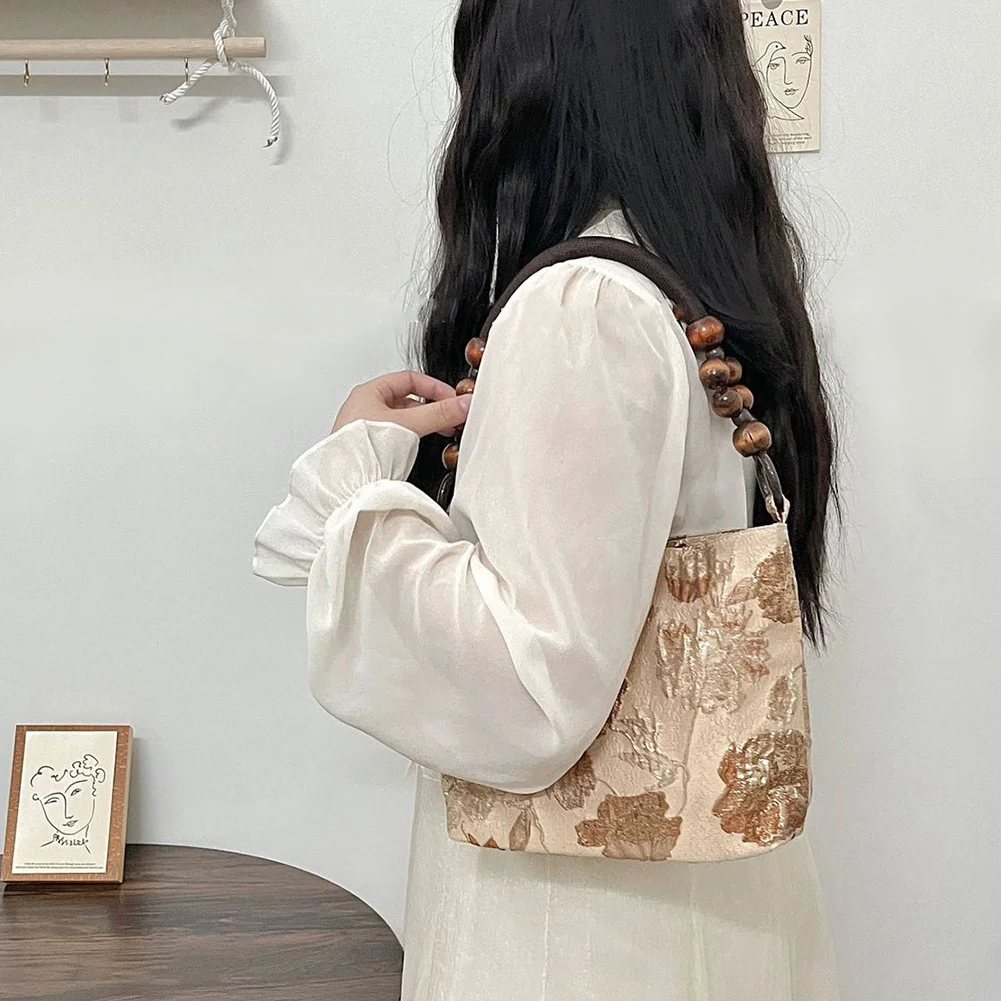 

Retro Flower Pattern Jacquard Fabric Handle Bag Elegant Design 2023 TrendWooden Bead Woven Round Handle Vintage Tote Bag