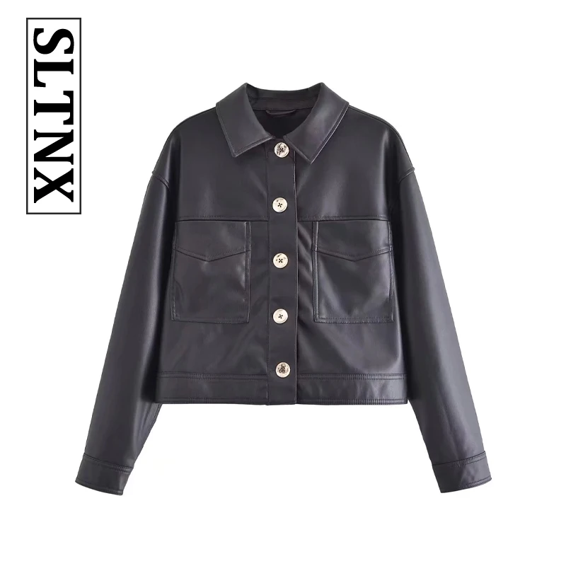 

Женская Повседневная куртка из искусственной кожи на пуговицах с отворотом и длинным рукавом