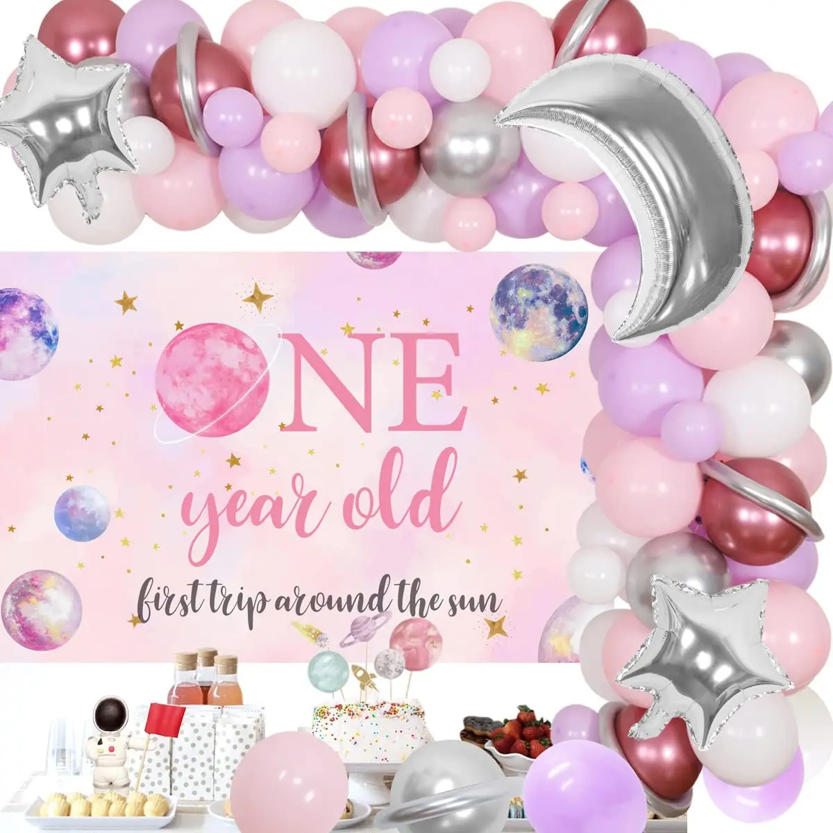 

Space 1st Birthday Party Decorations Girl First Trip Around The Sun Moon and Star Pink Purple Balloon Garland Kit with Backdrop