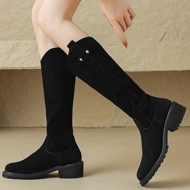 

fashion mid heels suede gladiator boots 2023 new chelsea knee high pumps women shoes brand walking casual punk chunky botas