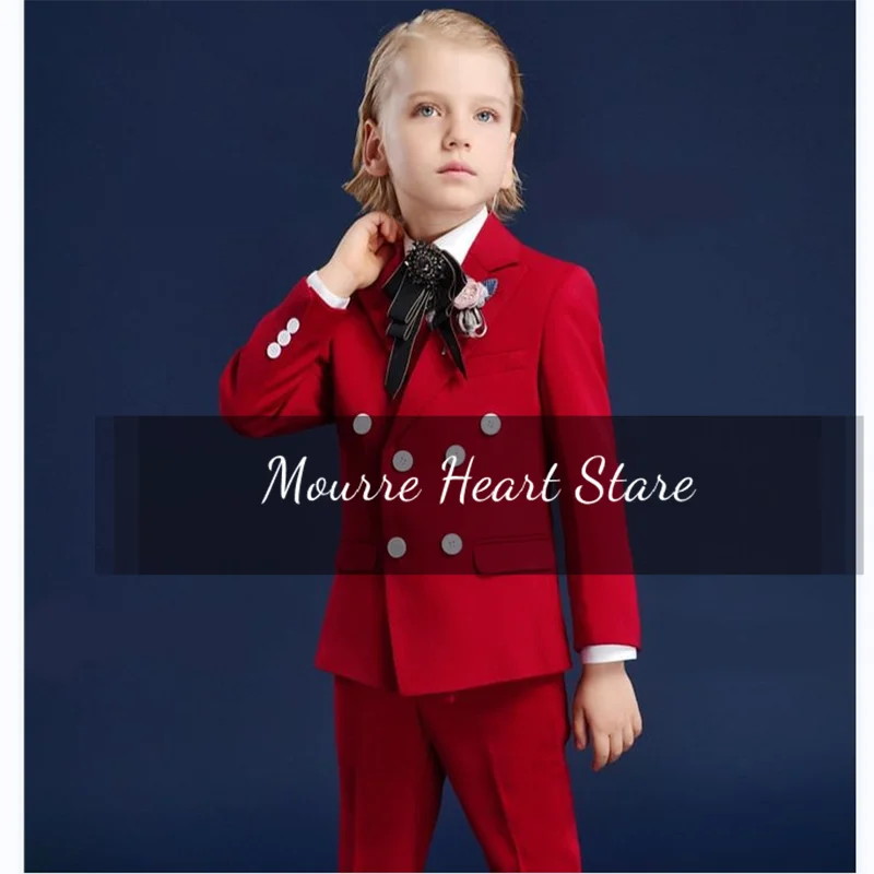 Red Boys Wedding Suit 2 Pieces Lapel Slim Fit Double Breasted Blazer Set Kids Jackets Pants Formal Party Tuxedo