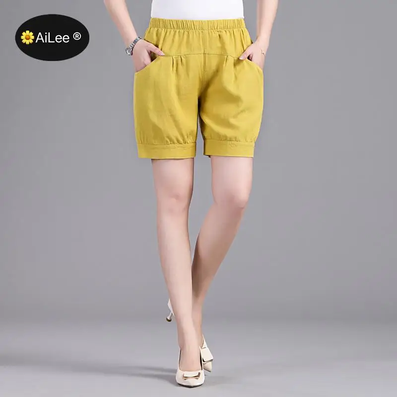 Yellow Vintage Loose Cotton Linen Woman Summer Bermuda Shorts Casual Elastic High Waist Soft Wide Leg Short Pants Retro Femme