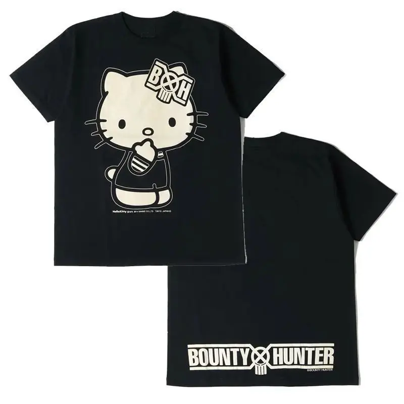 

Summer Fashion Label Kawaii Hello Kitty Anime Cute Cartoon Pure Cotton Black Short Sleeved Shirt Girl Loose Casual Versatile Top