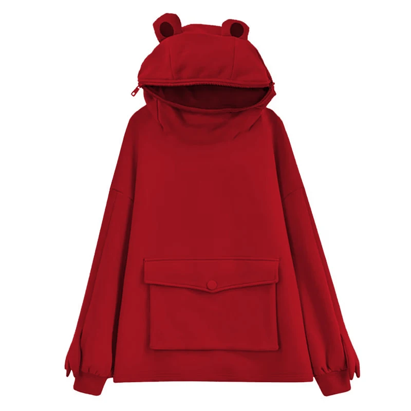 2022 New Women Novelty Frog Hoodie Cute Long Sleeve Solid Color Hooded Sweatshirt with Flap Pocket Lazy Style Simple Coat