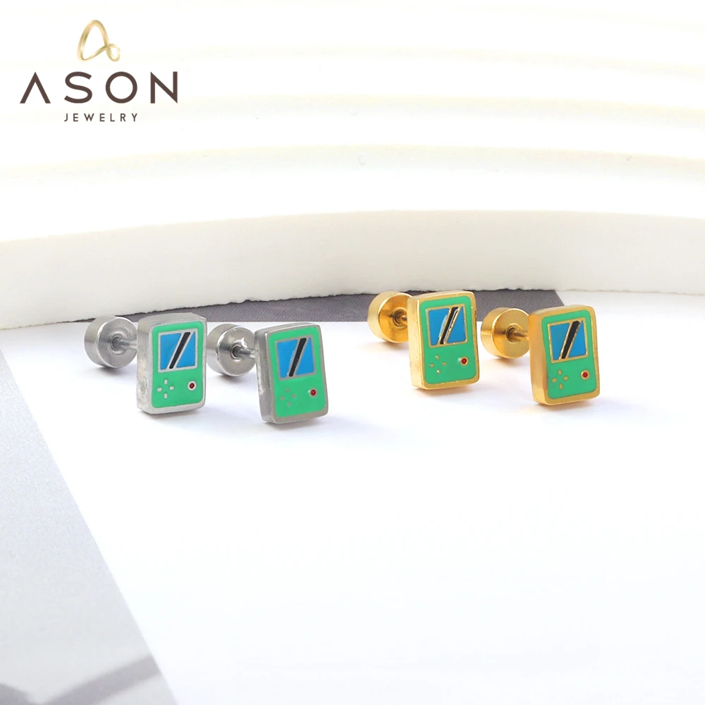

ASONSTEEL Trendy Cute Gameboy Player Screw Back Stud Earrings Piercing Gold Color Stainless Steel For Women Men Jewelry News In