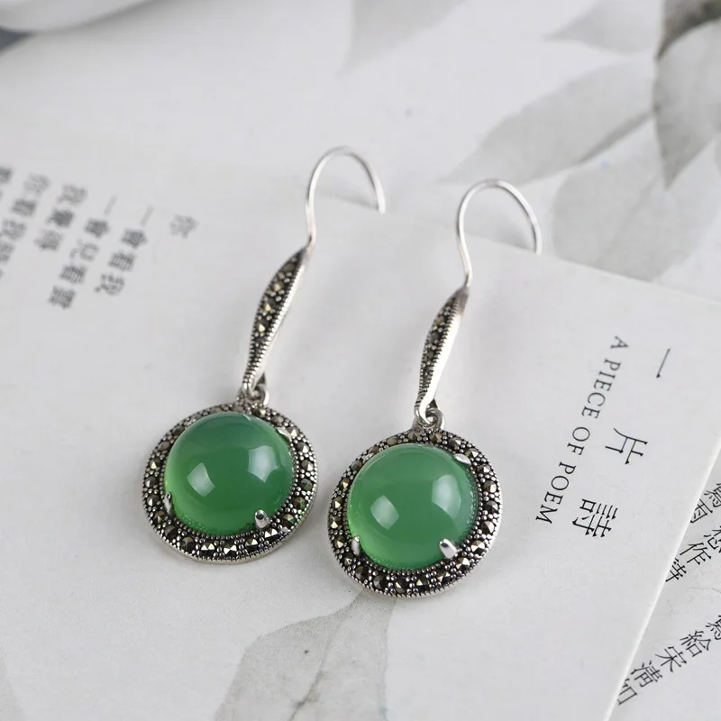 

FNJ 925 Silver Green Chalcedony Earrings for Women Jewelry 100% S925 Sterling Silver Drop Earring MARCASITE