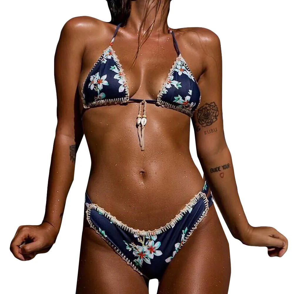 

Blue Floral Halter Bikini Set Women Print Padded Bra Swimsuits Beach Brief Set Sexy Brief Suit Brazilian Bordered Beachwear