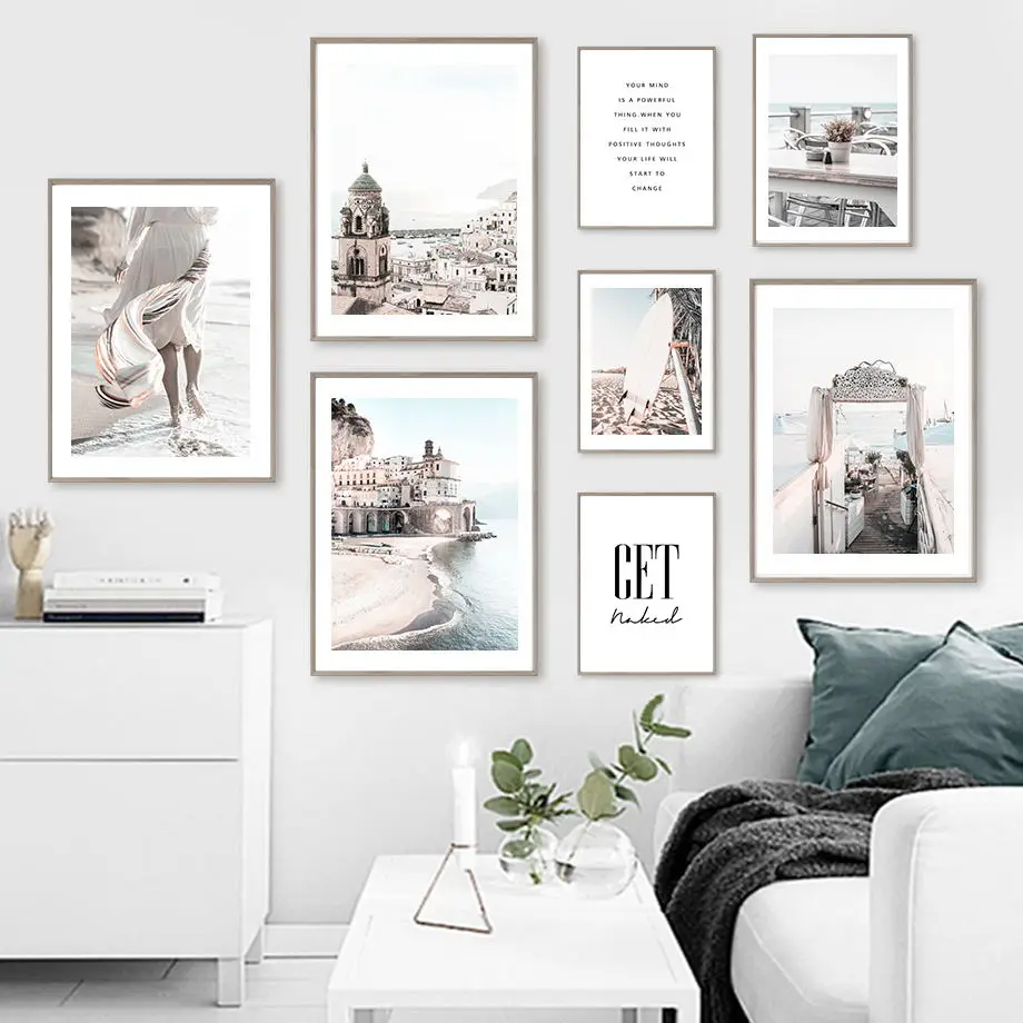 

Amalfi Beach Bikini Girl Reed Surfboard Sand Wall Art Canvas Painting Nordic Posters And Prints Pictures For Living Room Decor