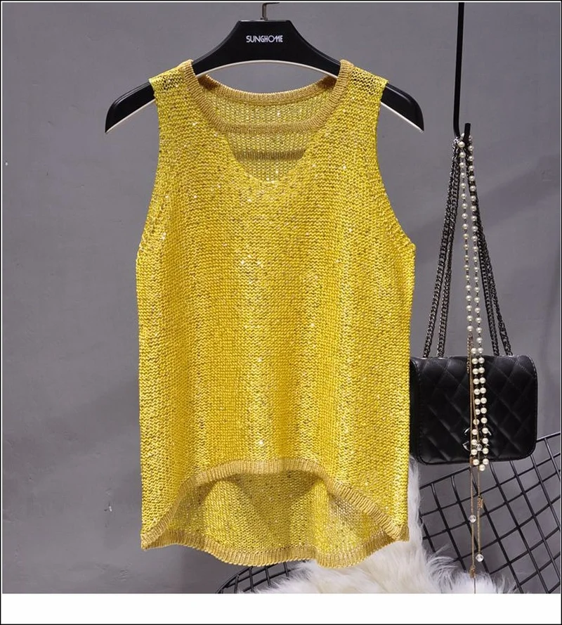 

2022 Summer New Hong Kong Style Retro Sexy Hollowed Out Translucent Knitted Camisole Vest Sleeveless All-match Top T-shirt Women