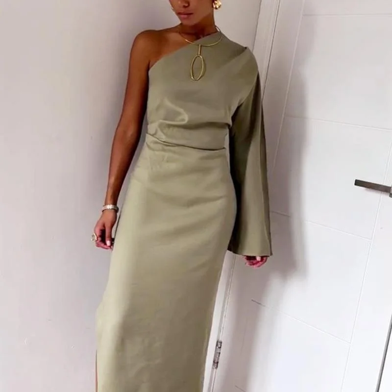

Sexy Off Shoulder Dress Autumn New Simple Fashion Flare Sleeve Party Dress Elegant Skew Collar Women Solid Slit Long Dresses