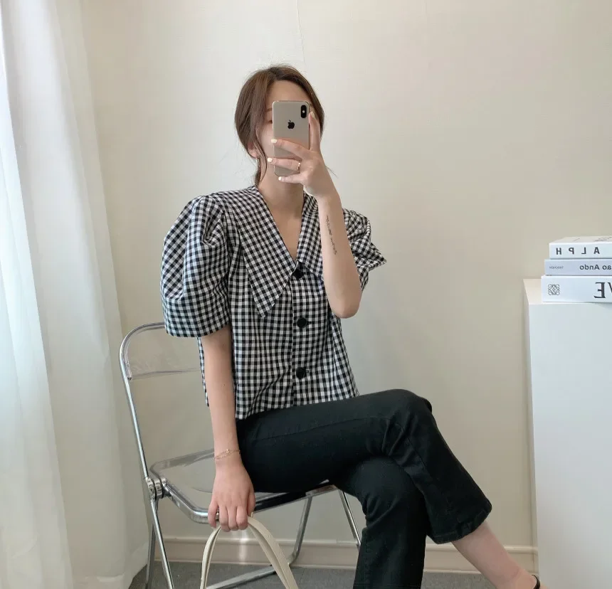 Осень 2024 Новое поступление клетчатая однобортная рубашка с пышными рукавами в