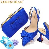 venus chan 2022 new fashion full of crystal decoration style blue glass heel friends party shoes ladies shoes and bag for party