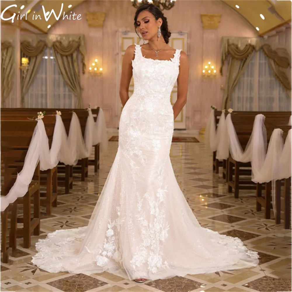 

Sequined Mermaid Tank Sleeves Wedding Dress 2023 Square Neck Lace Appliques Bride Dress Backless Bridal Gown vestidos de novia