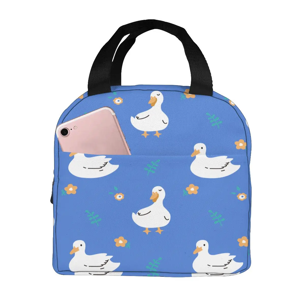 

Insulated Lunch Bag Thermal Cute Duck And Flowers Tote Bags Cooler Picnic Food Lunch Box Bag