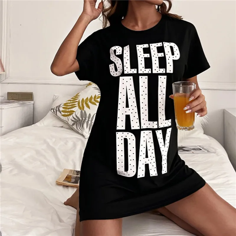 

Black Letter Print Casual Dress Women's O Neck Short Sleeve Knee Length T-shirt Dress Fashion Loose Stretch Summer Dresses Women
