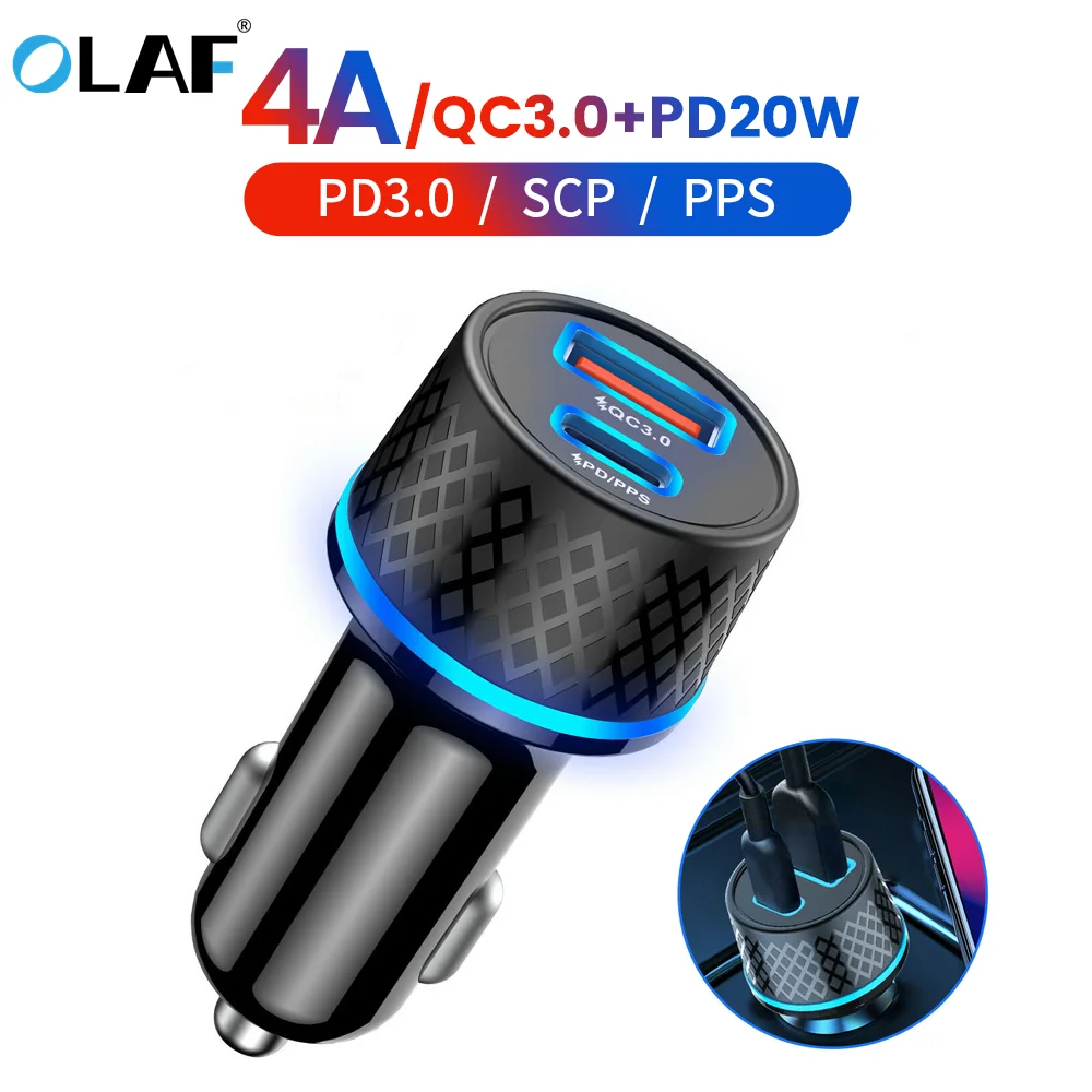 OLAF USB C Car Phone Charger QC 3.0 40W 4A Type C PD 3.0 Fast Charging For iPhone Xiaomi Huawei SCP Quick Charge Car-charger