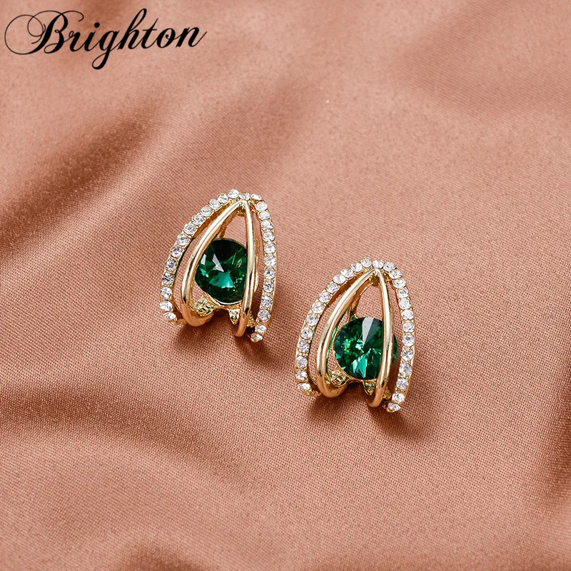 

Brighton 2023 Trendy Geometric Green Zircon Stud Earrings For Women Crystal Unusual Brincos Temperament Jewelry Banquet Gift