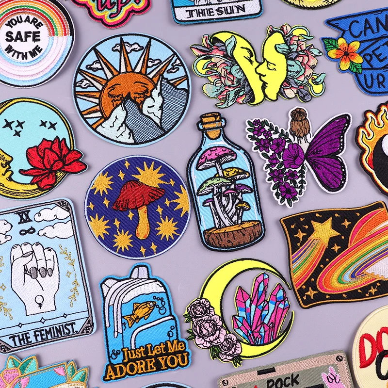 

Cartoon Moon Sun Embroidery Patch For Clothing Mashroom Butterfly Patches For Clothes Embroidered Patches Rainbow Letter Patch