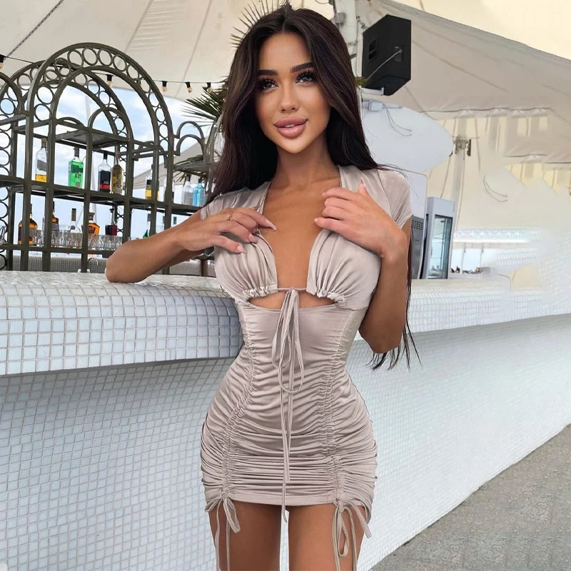

Cute Drawstring Ruched Lace Up Women V Neck Mini Dress Sexy Hollow Out Bodycon Dress Party Club Wear Elegant Streetwear Y2k