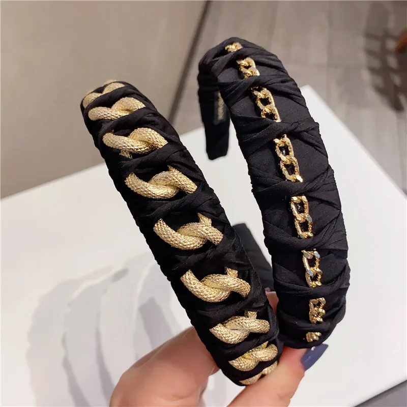 

Hot Selling Fabric Covered Big Hair Loop Gold Box Chain Headband Light Luxury Headband Women Baroque Hairband