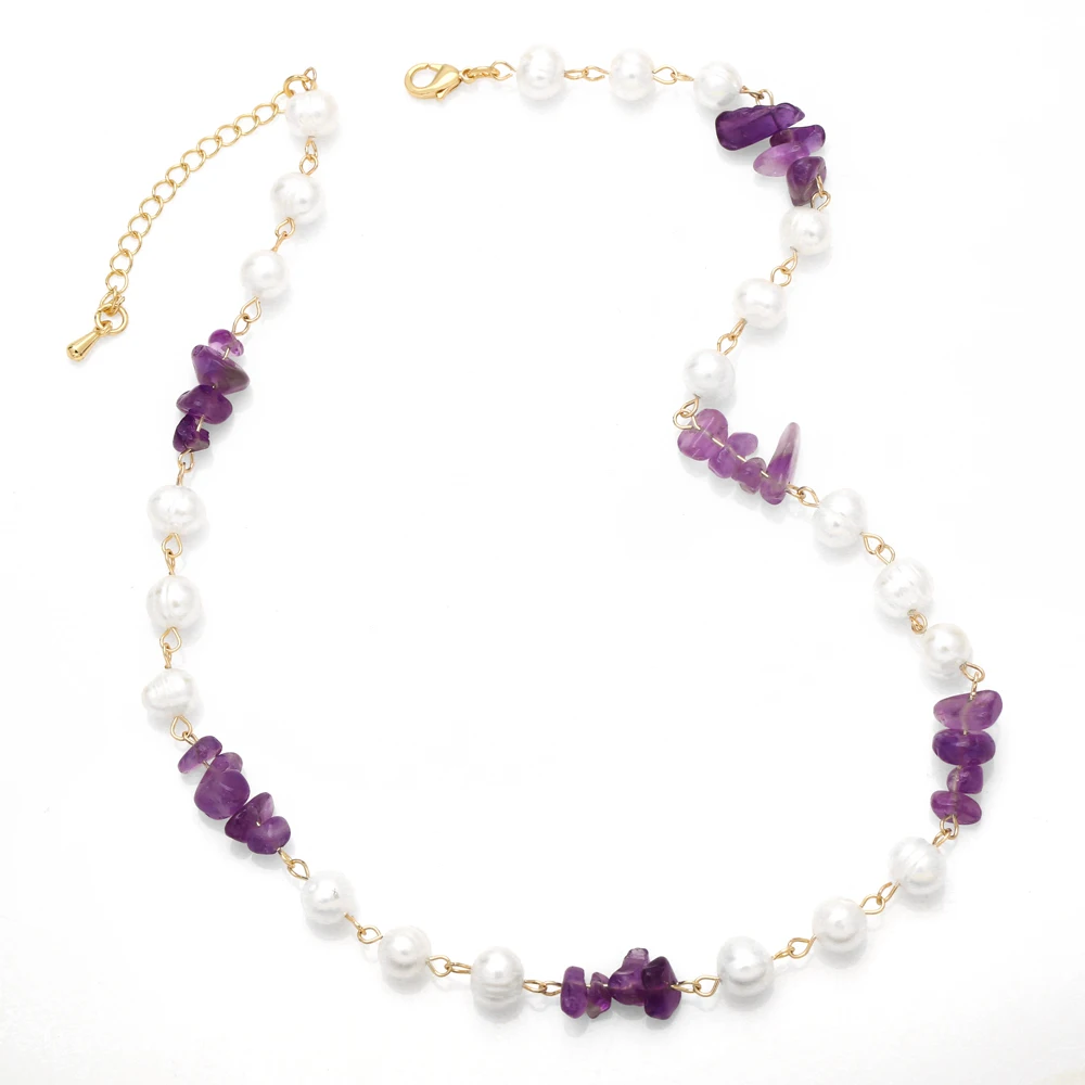 

FLOLA Violet Nature Stone Beads Necklaces Elegant Women Freshwater Baroque Pearl Necklace Fashion Jewelry Party Gifts nkeb515