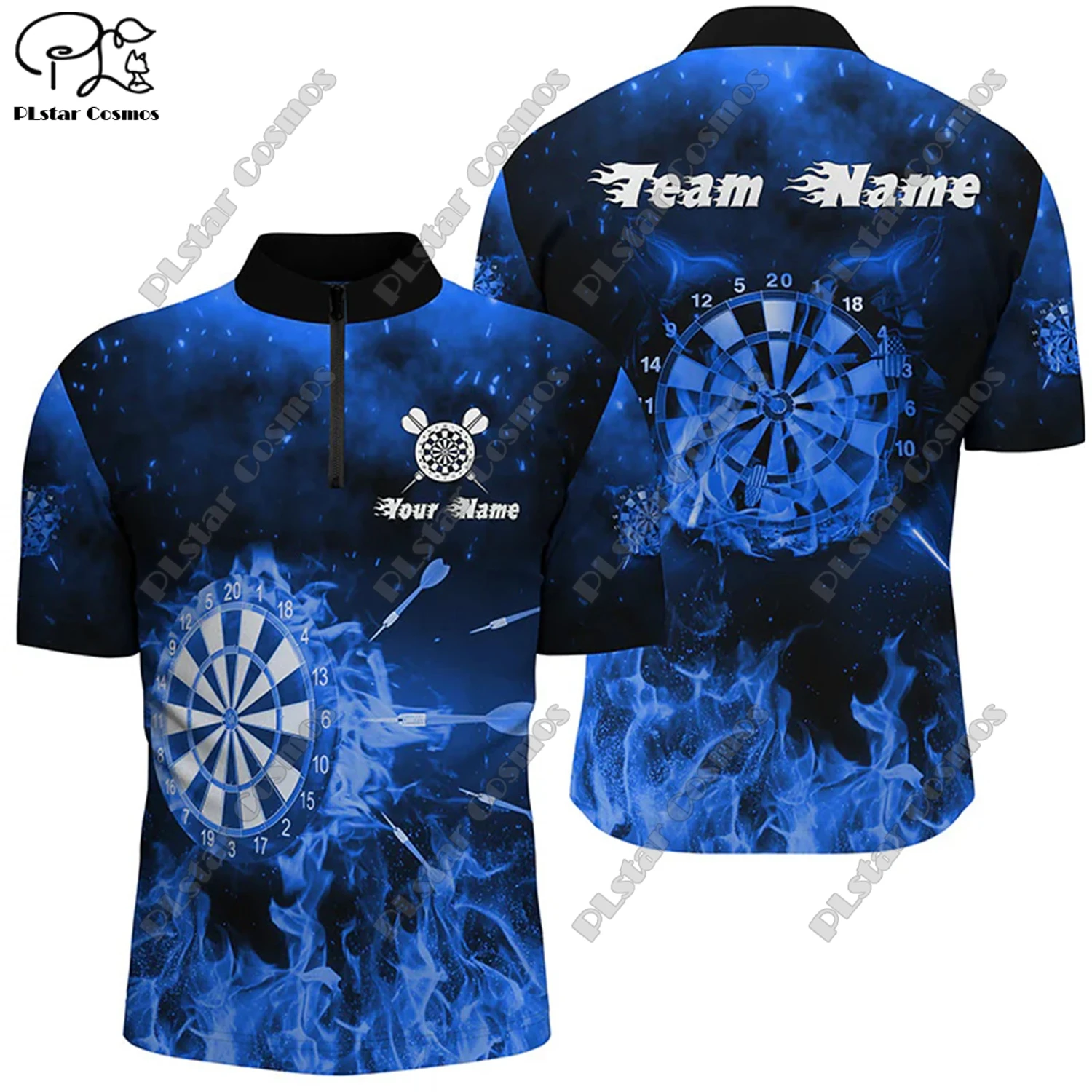 Новинка рубашка-поло унисекс с 3D-принтом пламени воротником-стойкой и молнией