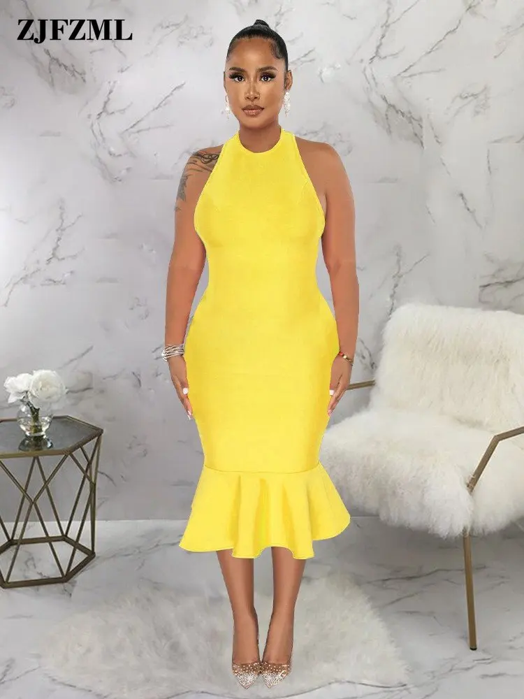 

Stunning Cold Shoulder Ruffle Hem Mermaid Dress Woman Halter Neck Backless Bodycon Dresses Nightclub Zipper Up Birthday Vestidos