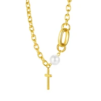 stylish hip hop design stainless steel clavicle chain cross pearl ring necklace
