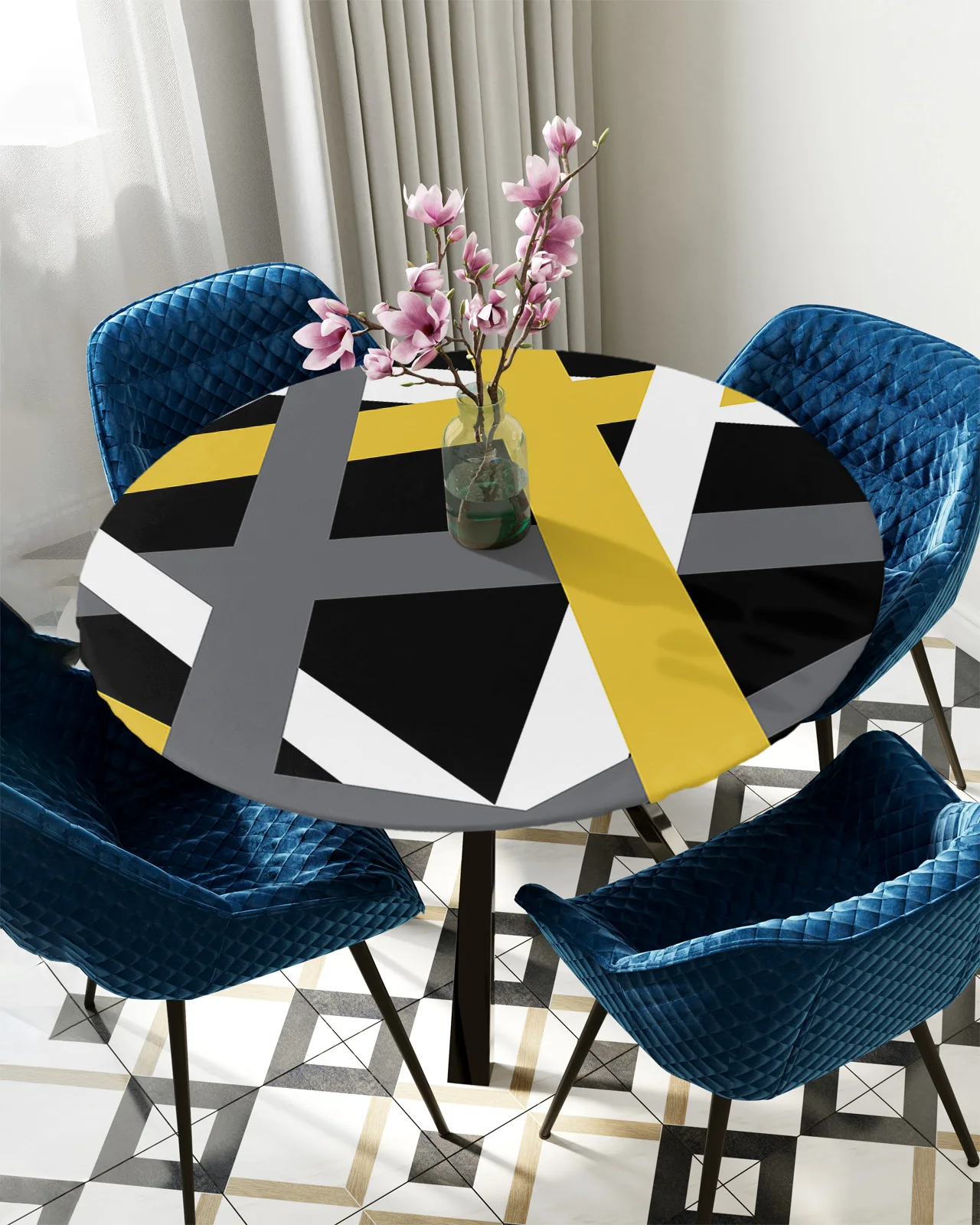 

Yellow Gray Geometric Lines Abstract Round Tablecloth Waterproof Table Cover Home Decoration Dining Room Elastic Tablecloth