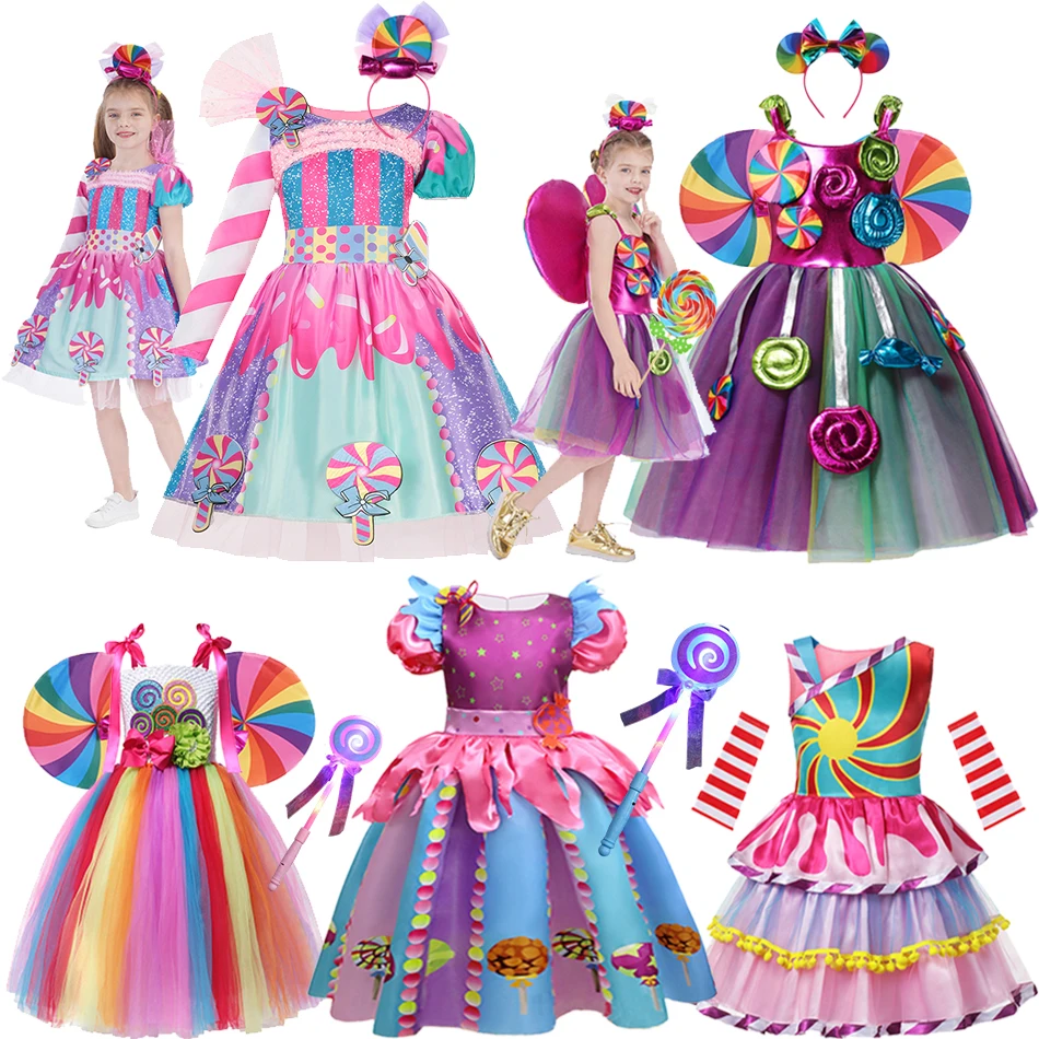 

Girls Birthday Lollipop Fantasy Dress Children Carnival Rainbow Candy Costume Princess Party Frock The Festival of Purim