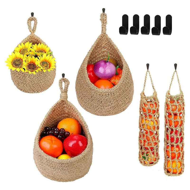 

5 PCS Hanging Kitchen Storage Basket Set Jute Rope Wall Hanging Fruit Baskets Pantry Organizer Vegetable Keeper With 5 Hooks